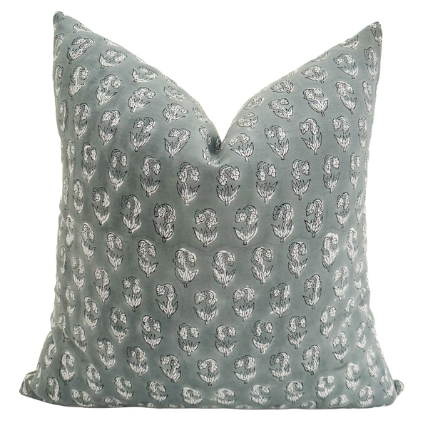 Linen Blue Floral Block Print Pillow Cover