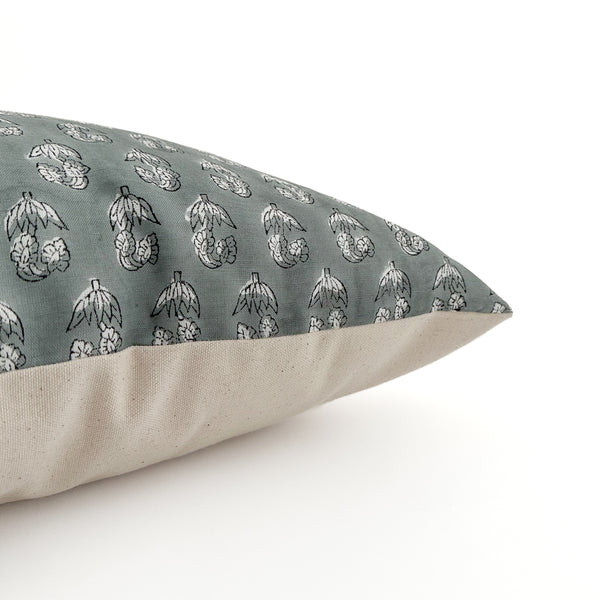 Linen Blue Floral Block Print Pillow Cover