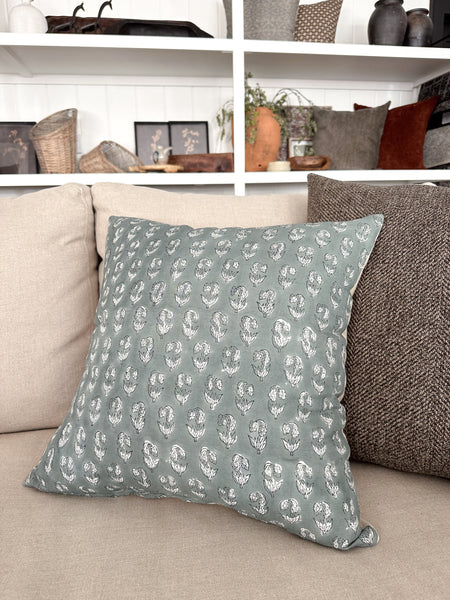 Linen Blue Floral Block Print Pillow Cover