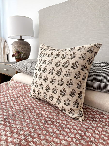 Taupe Brown Floral Block Print Pillow Cover