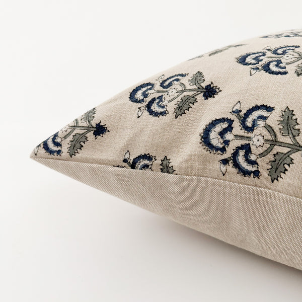 May Blue Block Print Floral Pillow Cover