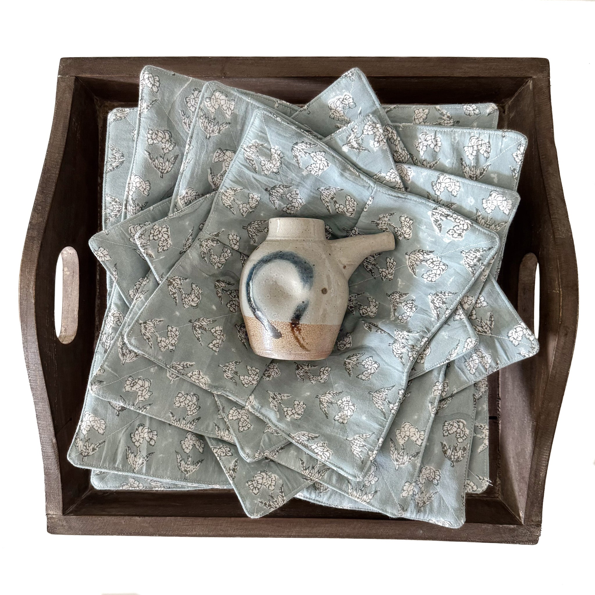 Gift Bundle 'Wooden Serving Tray, Bowl Cozy Set of 6, & Mini Clay Teapot