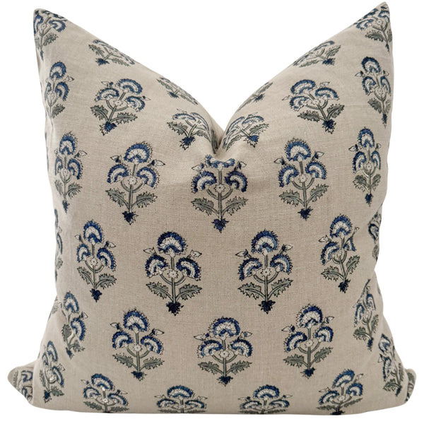 May Blue Block Print Floral Pillow Cover