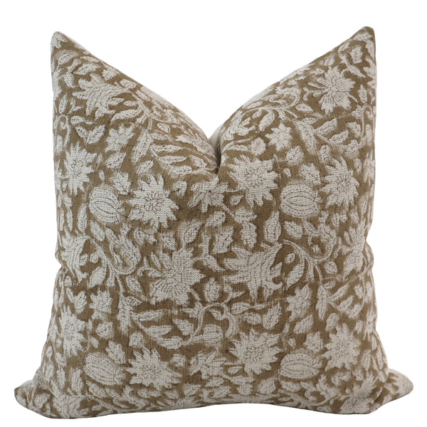 Rose Bud Brown Block Print Pillow Cover