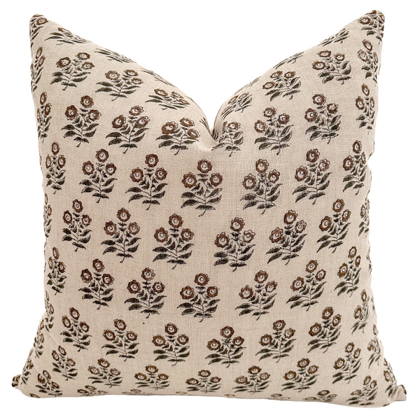 Taupe Brown Floral Block Print Pillow Cover