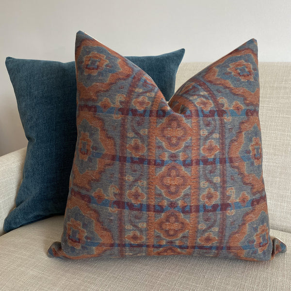 Rust Red Pillow, Red Tribal Pillow, Red and Blue Ethnic Style Pillows, Indian Style pillow, boho pillows in red, Hackner Home, Decorative pillows, Designer Pillows Covers, Handmade pillows, How to style pillows, Pillow groupings, How to Mix and Match Pillow Patterns, How to style pillows on a sofa, Fall pillows, Autumn Pillows