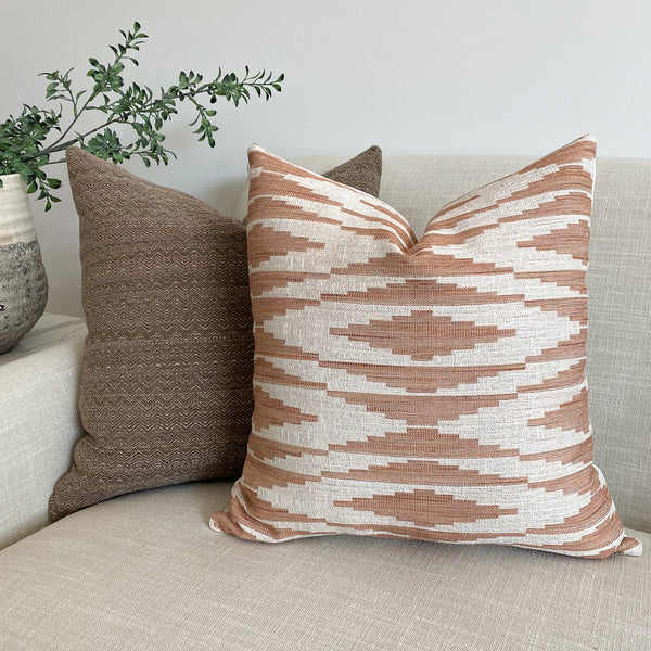 Winslow Pillow Cover, Southwest design pillow, Salmon Color Pillow, American Southwest style pillows, Designer Pillows, Hackner Home, Decorative Southwest Pillow Cover, Woven Pillow Covers, Textured pillow covers, Fall Pillows, Pink Pillow covers, Girls room pillows, Teen girl room pillows, How to pair pillow patterns