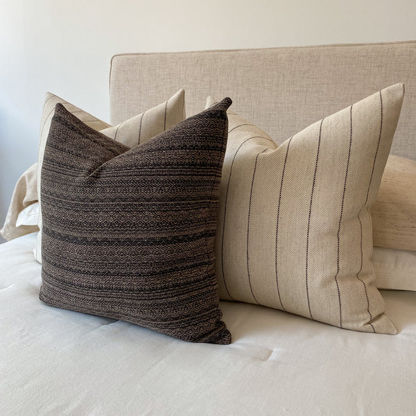 Coffee & Stripes Pillow Cover Set, Pillow Cover set, Pillow Cover Set for bed, Bed Pillow Covers, Decorative Pillows for the Bed, Hackner Home, Designer pillows, Handmade Pillows, Curated Pillow Covers, California Style Pillow Covers, Textured Pillows, Linen Pillows, Striped Pillows, Boho Pillows, Bed Pillow Sets, Brown Pillow Covers, Fall Pillows, Fall decor pillows