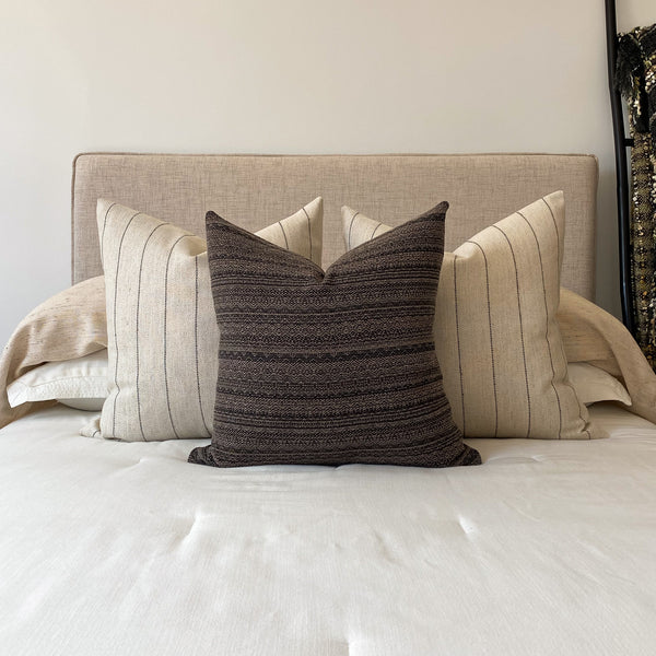 Coffee & Stripes Pillow Cover Set, Pillow Cover set, Pillow Cover Set for bed, Bed Pillow Covers, Decorative Pillows for the Bed, Hackner Home, Designer pillows, Handmade Pillows, Curated Pillow Covers, California Style Pillow Covers, Textured Pillows, Linen Pillows, Striped Pillows, Boho Pillows, Bed Pillow Sets, Brown Pillow Covers, Fall Pillows, Fall decor pillows