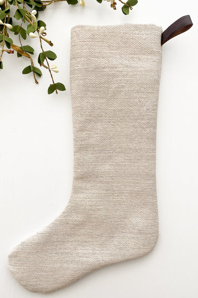 Neutral Christmas Stocking, Linen Christmas Stocking, Holiday Stocking, Solid Cream Christmas Stocking, Hackner Home, Hackner Home Christmas Stocking, Neutral Christmas Stocking, Textured Christmas Stocking, Designer Christmas Stocking, Leather Hook Christmas Stocking