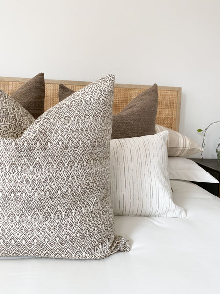 Brown Pillows, Brown Throw Pillows, Hackner Home, Hackner Home Designer Pillows, Handmade Pillow Shop, Handmade Pillows, Spring Pillows, Spring Throw Pillows, How to style pillows on the bed