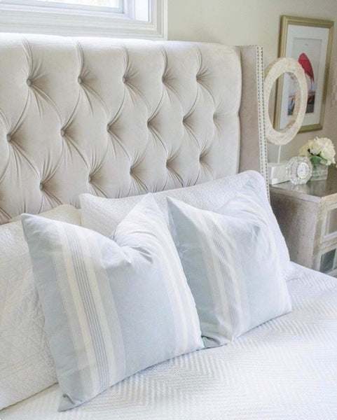 Light Blue Pillows, Blue Bed Pillows, Baby Blue Pillow Covers, Decorative Pillow Cover in blue, Blue Pillows, Hackner Home, Designer Pillow Covers, Modern Farmhouse Pillows, Striped Pillows, Stripe Pillows