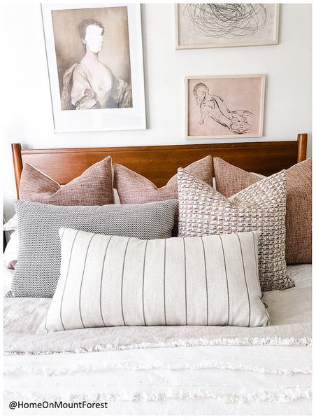 Pink Pillow Cover, Pink Decorative pillows, Hackner Home, Decorative pillows, Designer pillows, Curated Pillows, Textured pillows, Bed pillows, Throw pillows, Pillow Sets, Bed Room design, California Casual Bed room design, @HomeOnMountForest