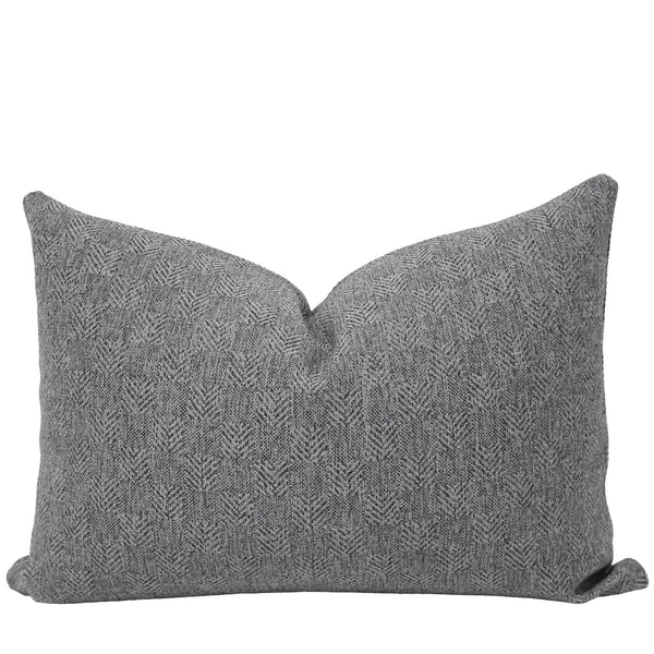 Slate Timber Lumbar Pillow Cover in textured slate gray performance upholstery fabric featuring a subtle woven herringbone geometric pattern, handmade by Hackner Home.
