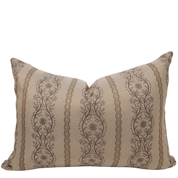 Margaux Floral Stripe Ale Pillow Cover - lumbar size, woven jacquard floral stripe fabric in tan and brown, indoor decorative pillow