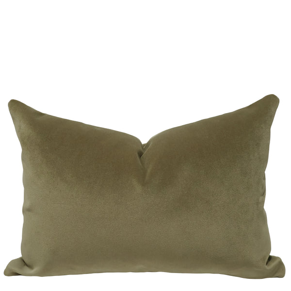 Lichen Velvet lumbar pillow cover in warm olive green velvet with a softly lustrous finish