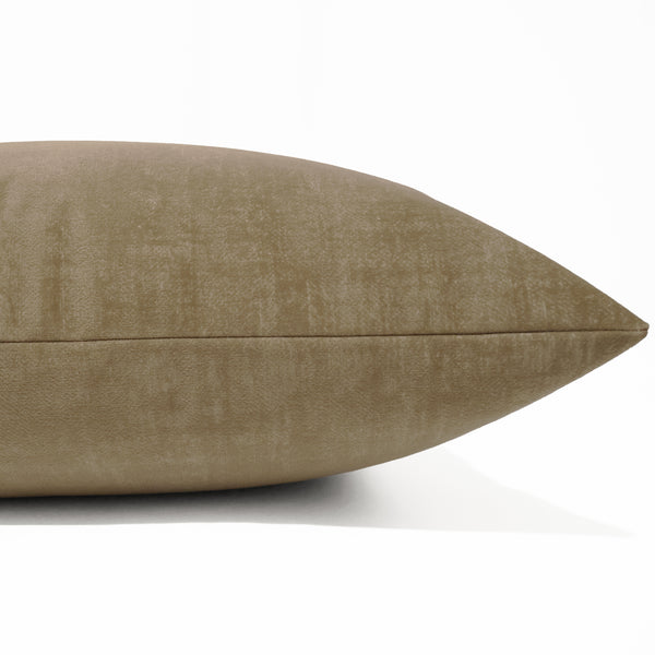 Khaki velveteen pillow cover with soft smooth finish, front corner detail