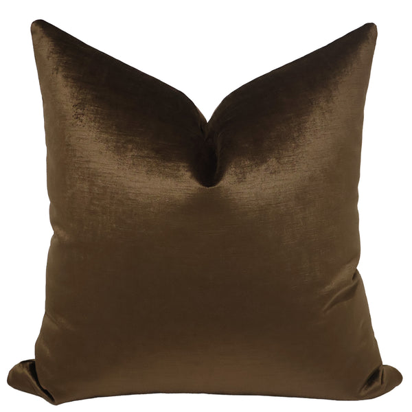 Chocolate velveteen throw pillow cover, full front view showing rich brown tone