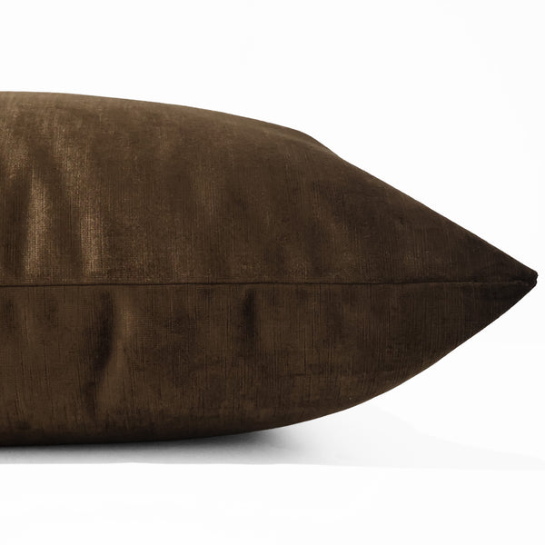 Chocolate velveteen pillow cover with soft sheen, front corner detail