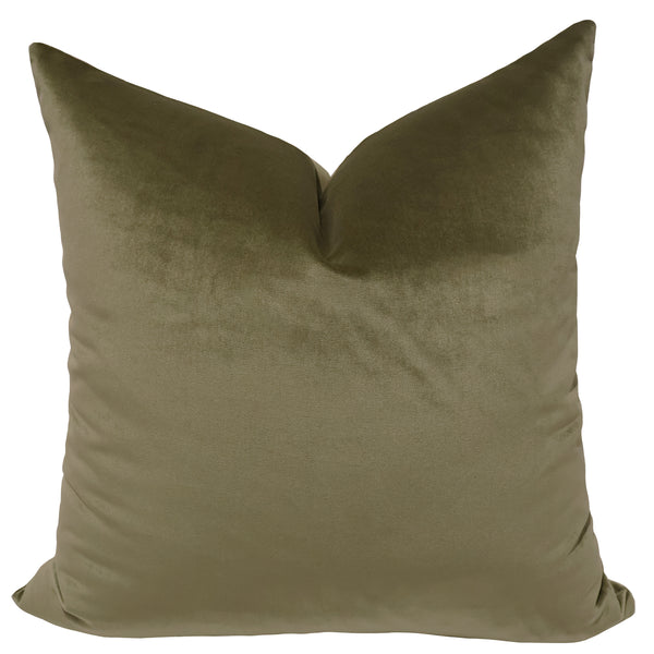 Moss velveteen throw pillow cover, full front view showing deep olive-green tone