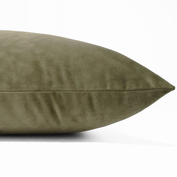 Moss velveteen pillow cover with soft matte texture, front corner detail