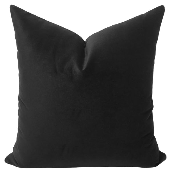 Noir velveteen throw pillow cover, full front view showing deep black tone