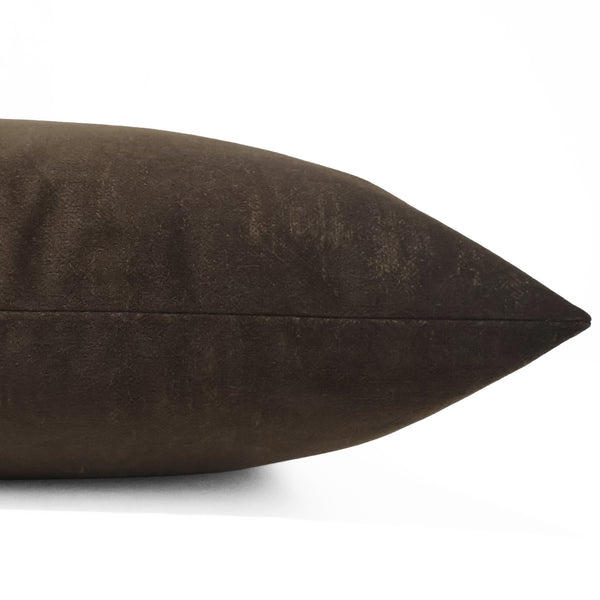 Mahogany velvet pillow cover with smooth lustrous finish, front corner detail