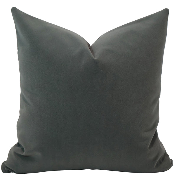 Charcoal velveteen throw pillow cover, full front view showing deep grey tone