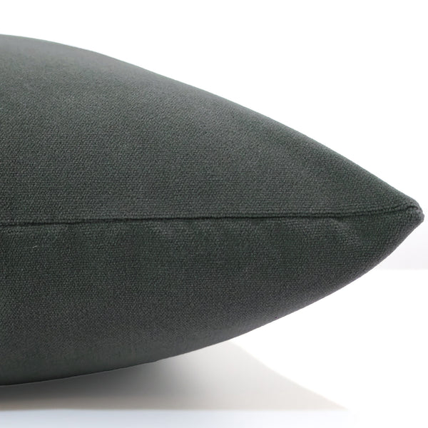 Charcoal velveteen pillow cover with smooth matte finish, front corner detail