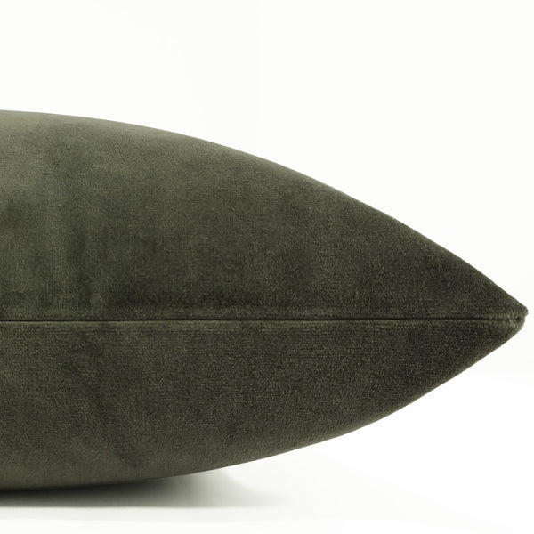 Cypress velveteen pillow cover with smooth matte finish, front corner detail
