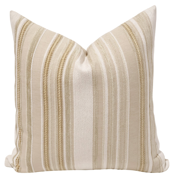 Dune stripe throw pillow cover, full front view showing cream and tan vertical stripes
