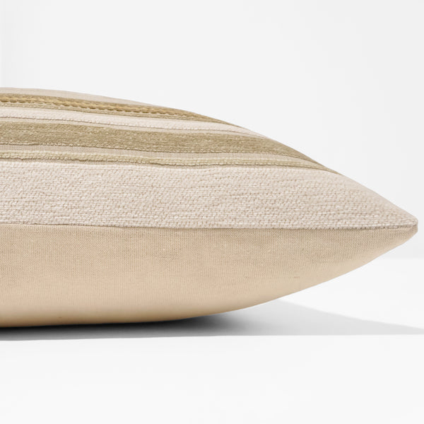Ivory stripe pillow cover with varied woven and chenille stripe texture, front corner detail
