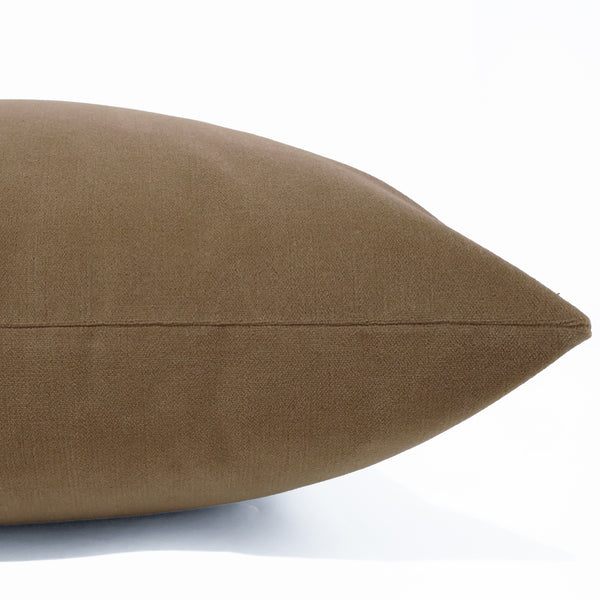Hazelnut Velveteen pillow cover with smooth matte finish, front corner detail