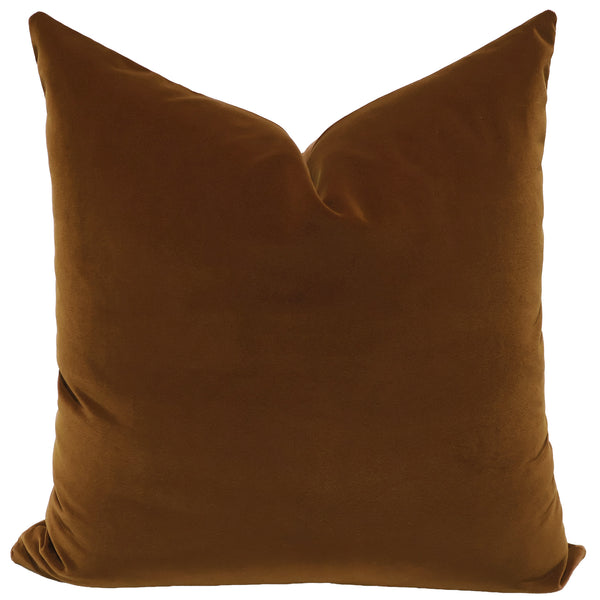 Nutmeg velveteen throw pillow cover, full front view showing warm medium brown tone