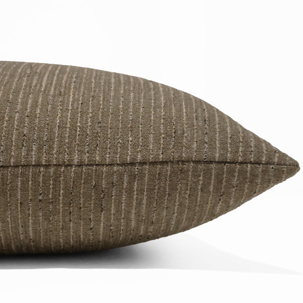 Bark stripe pillow cover with fine woven vertical texture, front corner detail