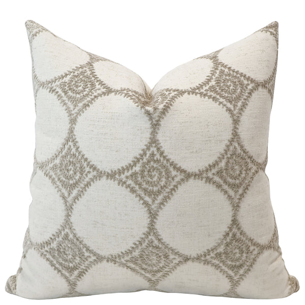 Ivory trellis throw pillow cover, full front view showing circle lattice embroidery on cream linen-look base