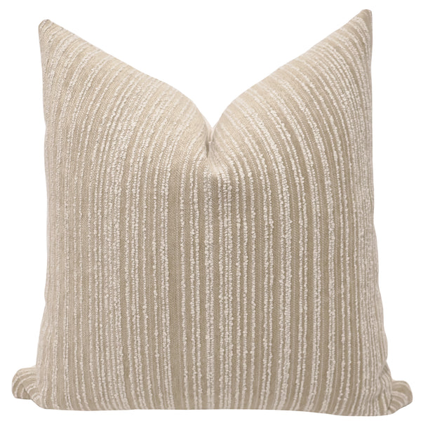 Dune boucle stripe throw pillow cover, full front view showing tan base with cream boucle stripes