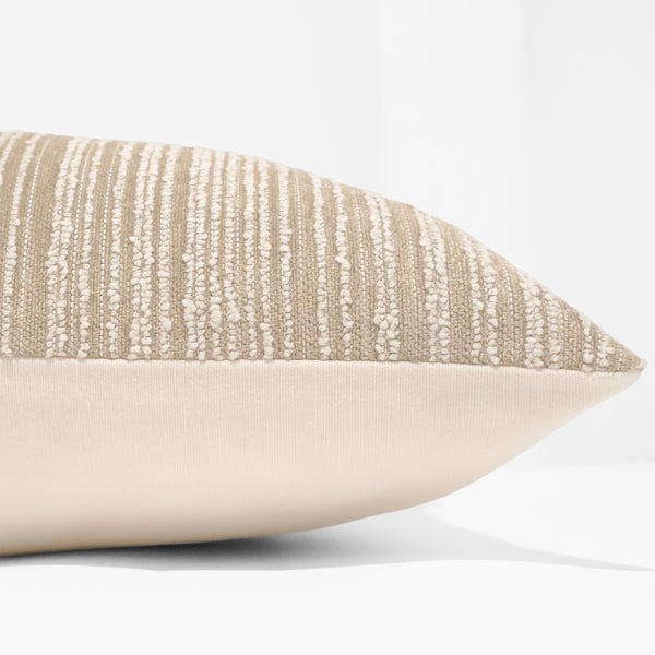 Dune boucle stripe pillow cover with cream looped vertical stripes, front corner detail