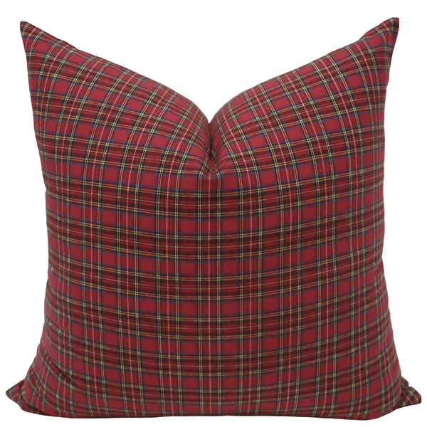 Cranberry Tartan Pillow Cover, cotton holiday plaid throw pillow cover in deep red with navy, forest green, gold and cream lines.