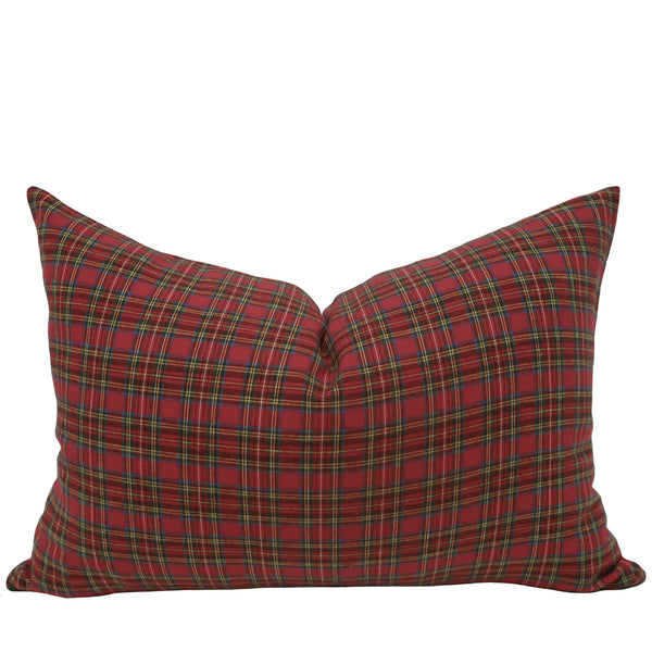 Cranberry Tartan lumbar pillow cover, cotton red tartan with navy, green, gold and cream lines.