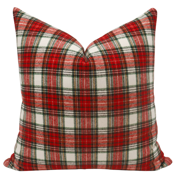 Scarlet Tartan Pillow Cover, 100% cotton holiday plaid throw pillow cover in red, ivory and forest green