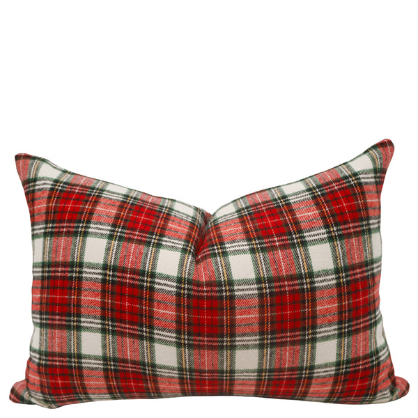 Scarlet Tartan lumbar pillow cover, 100% cotton red, ivory and green tartan with black and gold lines