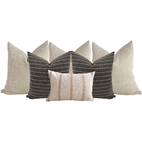 Neutral throw pillow set with textured beige and charcoal striped pillow covers, modern decorative pillows for bed or sofa
