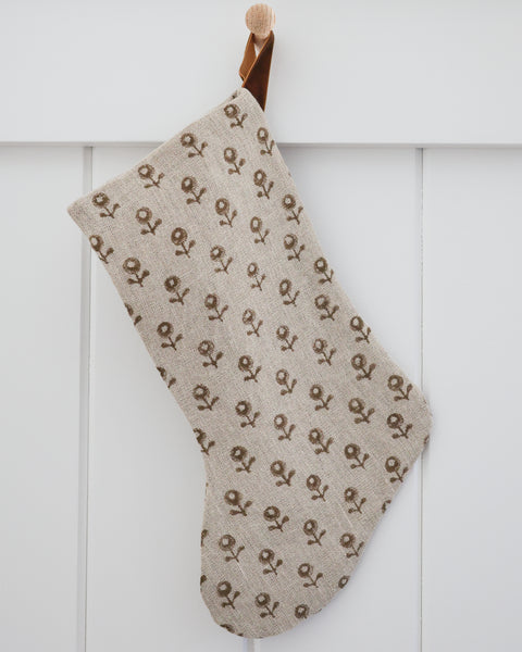 Acorn Blossom boho Christmas stocking, full view showing olive-brown block print florals on natural linen