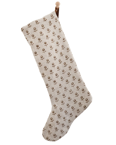Acorn Blossom large Christmas stocking, full view showing olive-brown block print florals on natural linen