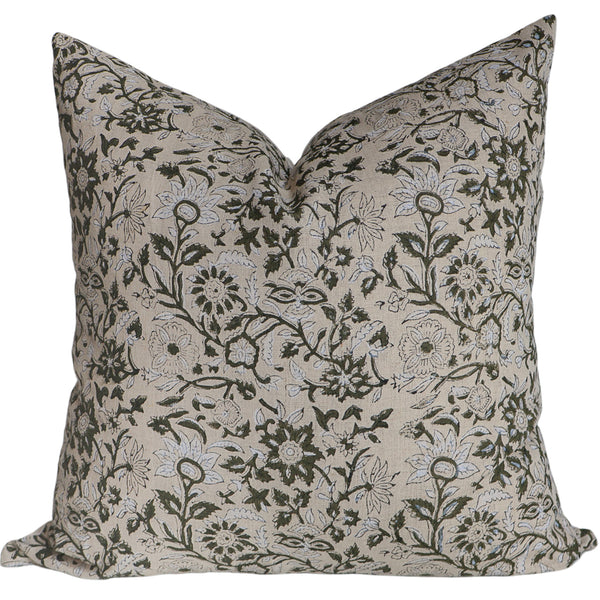 Yule Green Floral Block Print Pillow Cover