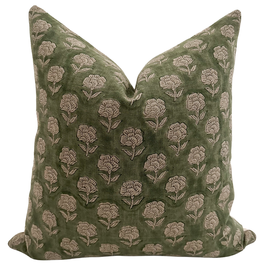 Antique Green Floral Block Print Pillow Cover