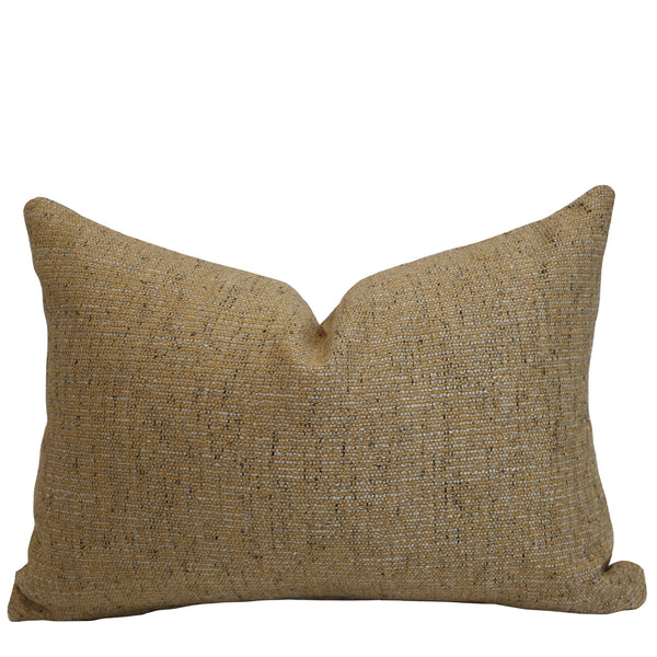 Antiqued Gold Lumbar Pillow Cover in warm gold textured upholstery fabric with ivory and charcoal woven flecks, handmade by Hackner Home for luxury modern organic and traditional interiors.