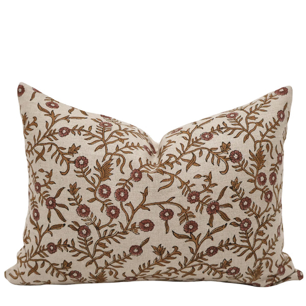 Autumn Vine lumbar pillow cover in hand block printed floral linen in warm rust and cinnamon brown, one of three pillow covers in the Harvest and Vine set.