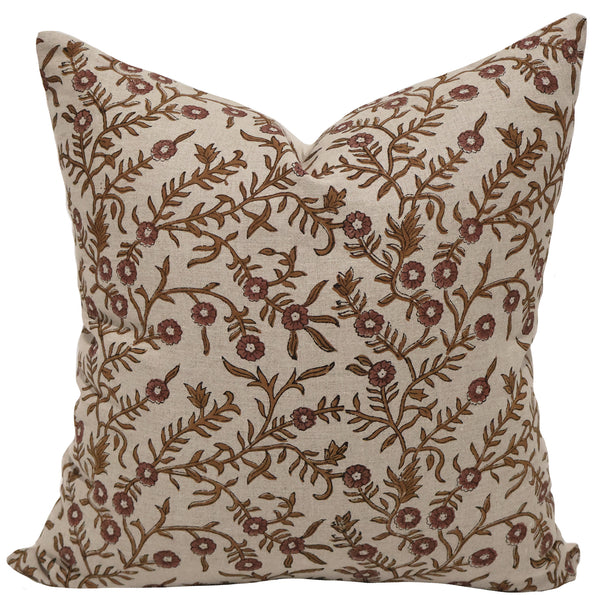 Autumn Vine Linen Block Print Pillow Cover featuring hand block printed rust and brown trailing floral vines on natural 100% linen, handmade by Hackner Home.